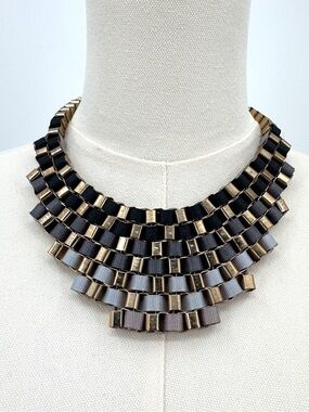 Vintage Bib Collar Necklace with Brass and Grosgrain Ribbon